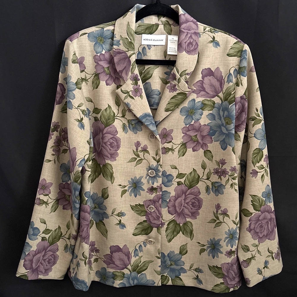 Alfred Dunner Floral Blazer 14 Tan Purple Blue Cottagecore VTG Artsy Whimsy Fem